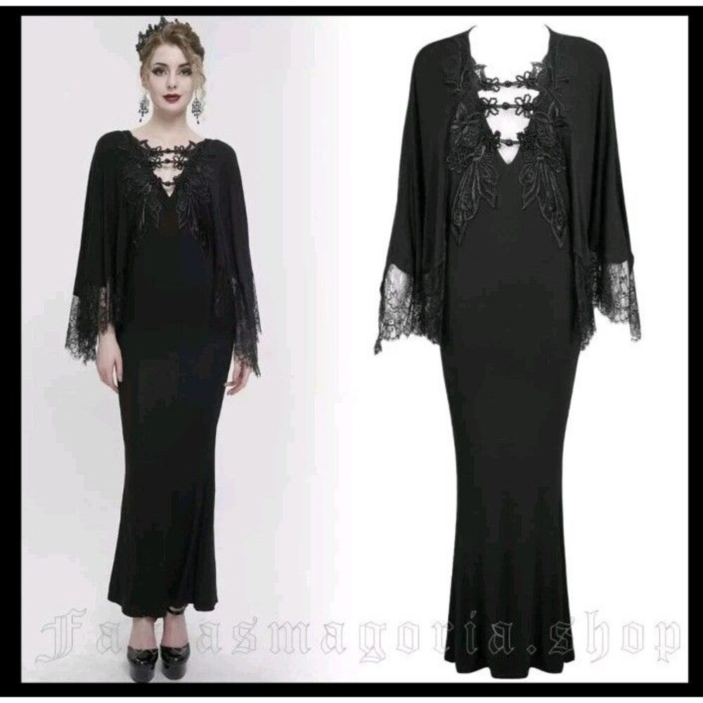 Eva Lady Gothic Bohemian Dress ESKT040 Black Lace Batwing Sleeve XS S Devil...